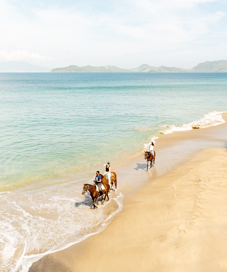 people riding horses on a beach