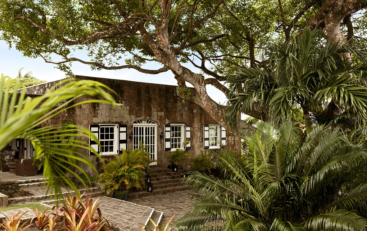 a building with trees and plants around it