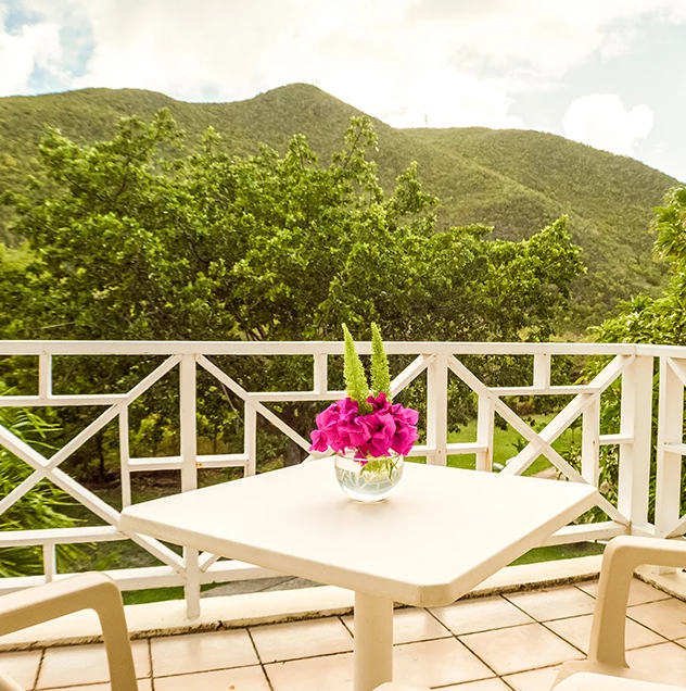 a table with pink flowers on it and chairs on a balcony with trees and mountains in the background