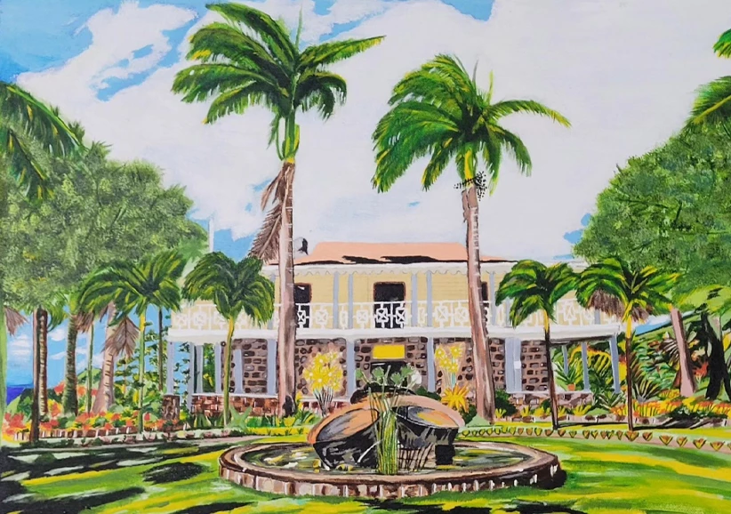 a painting of a house with a fountain in front of it
