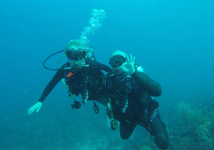 a couple of scuba divers underwater