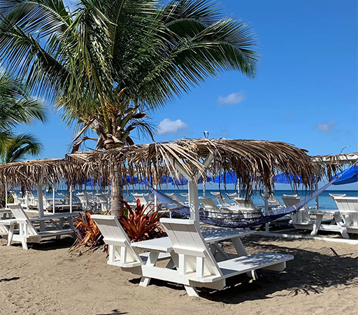 a beach with chairs and hammocks