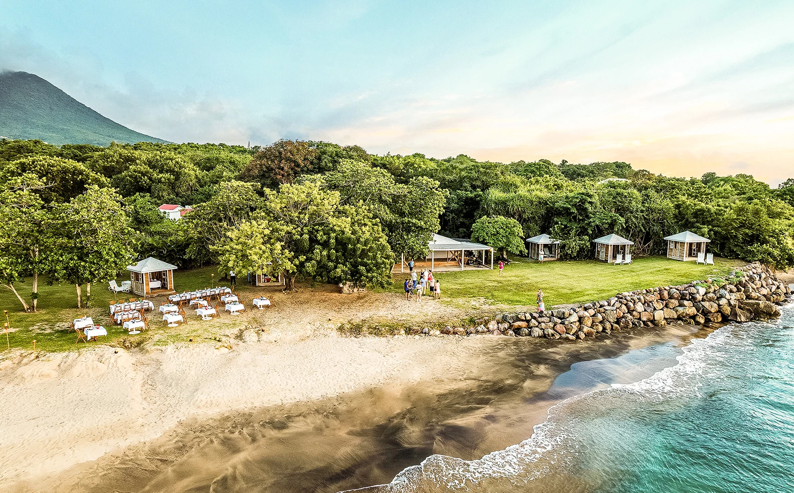 a beach with trees and a body of water
