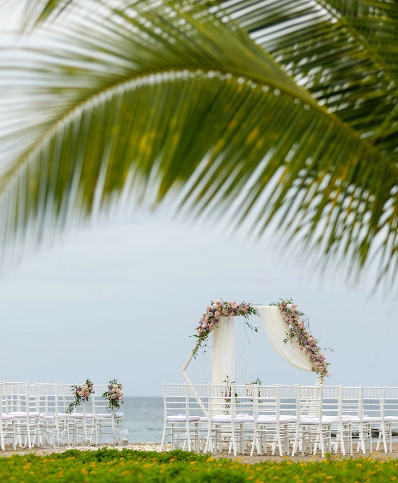 a wedding ceremony set up with chairs and flowers
