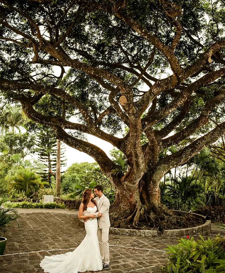 a man and woman in wedding attire under a large tree