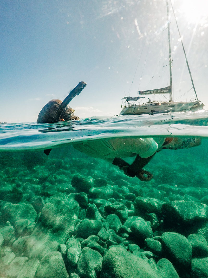 a person in a snorkeling mask underwater