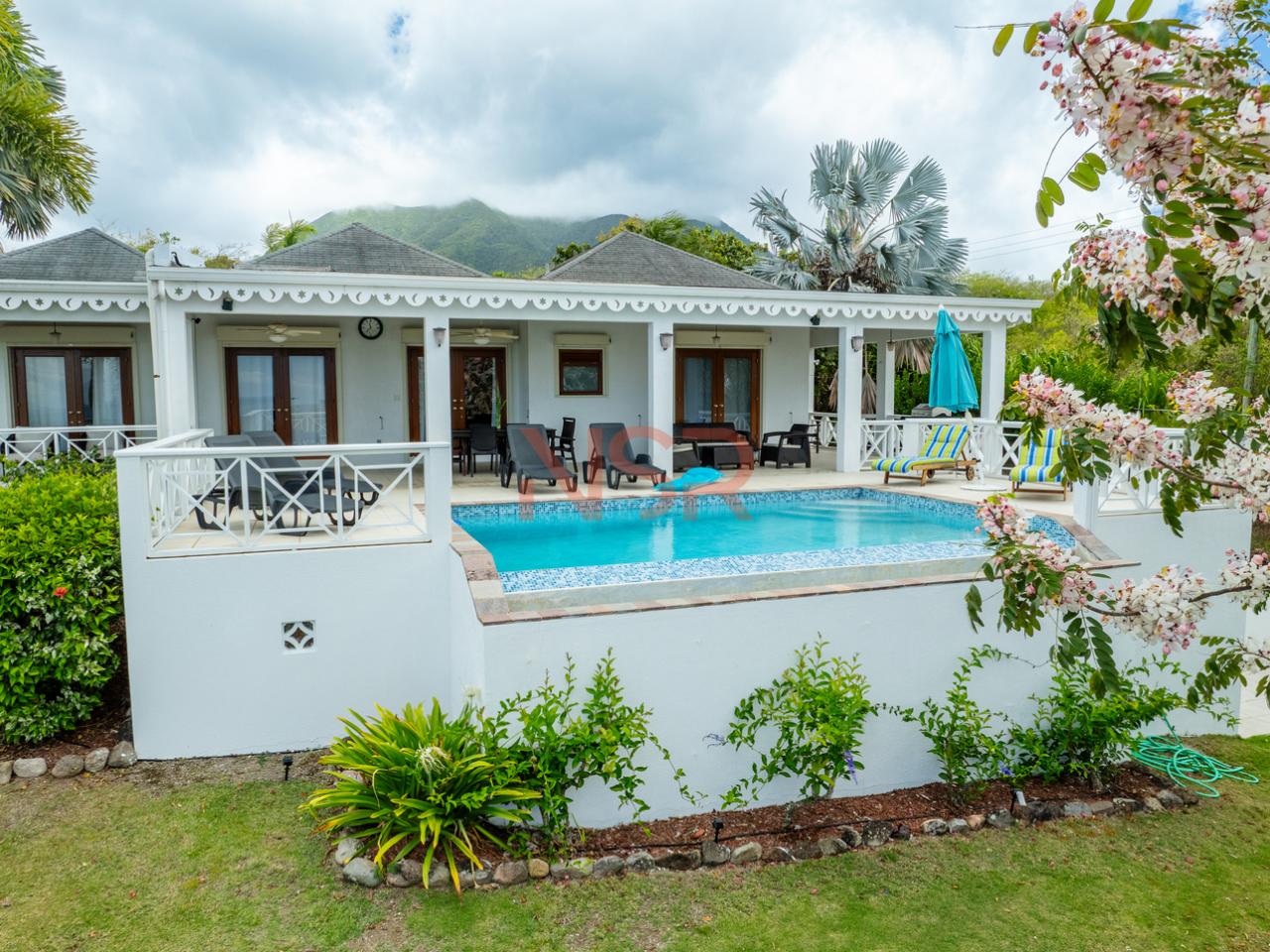 a house with a pool and a lawn