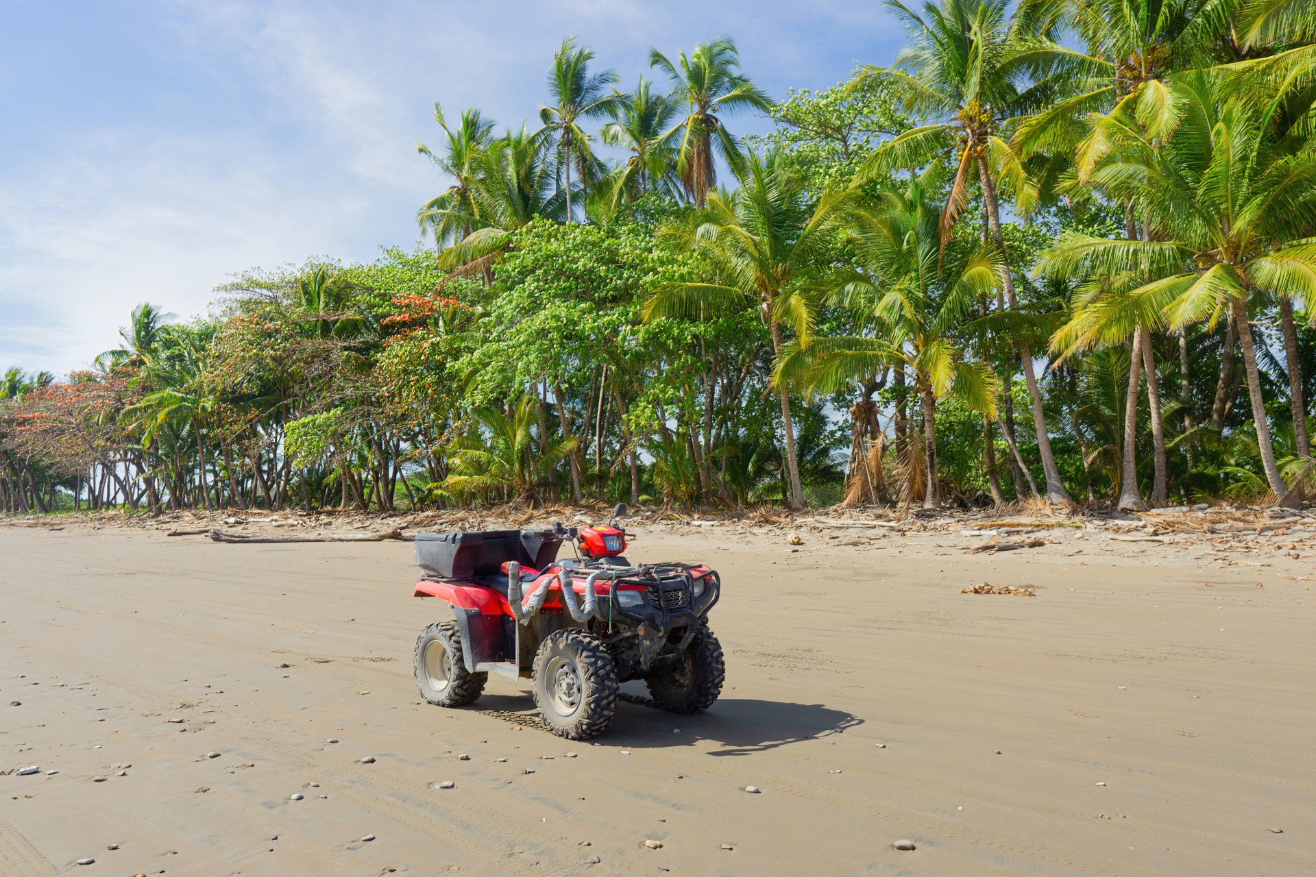 a red four wheeler on a sandy beach