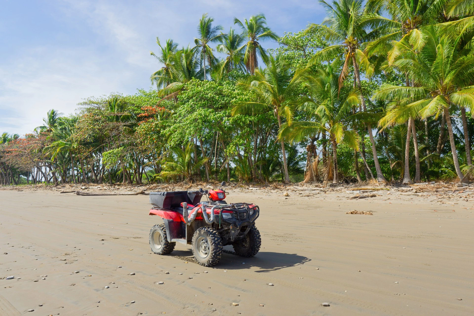 a red four wheeler on a sandy beach