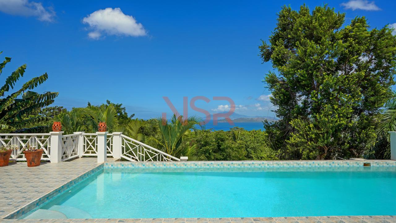 a pool with trees and a body of water