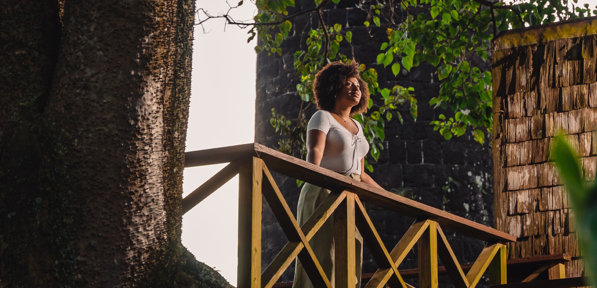 a woman standing on a wooden railing
