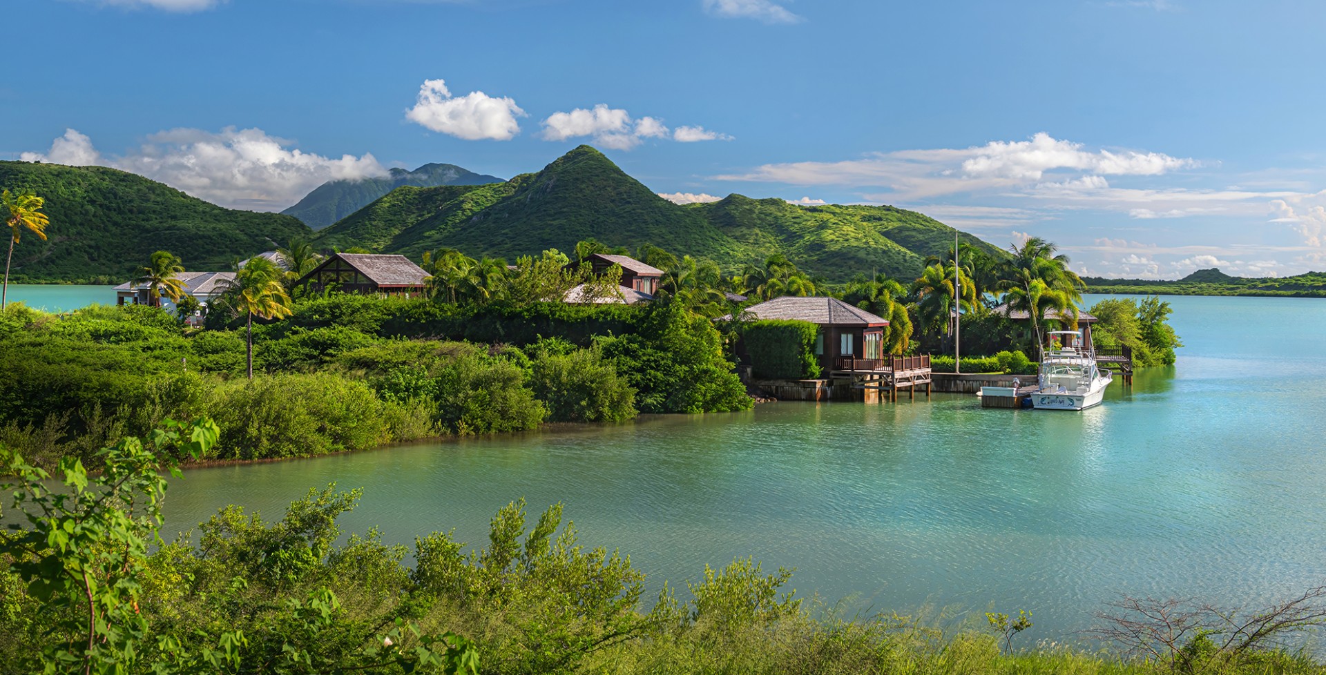 a body of water with houses and trees