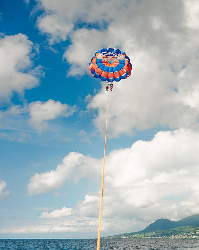 a parachute with people flying in the sky