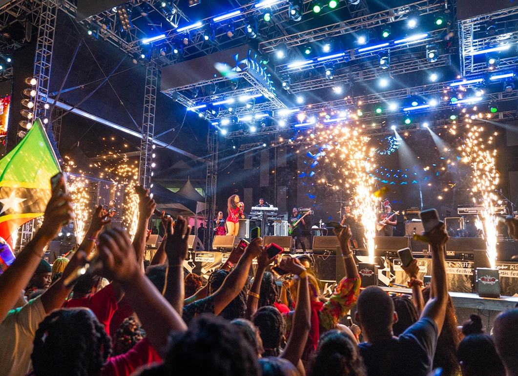 a group of people on stage with lights and fireworks