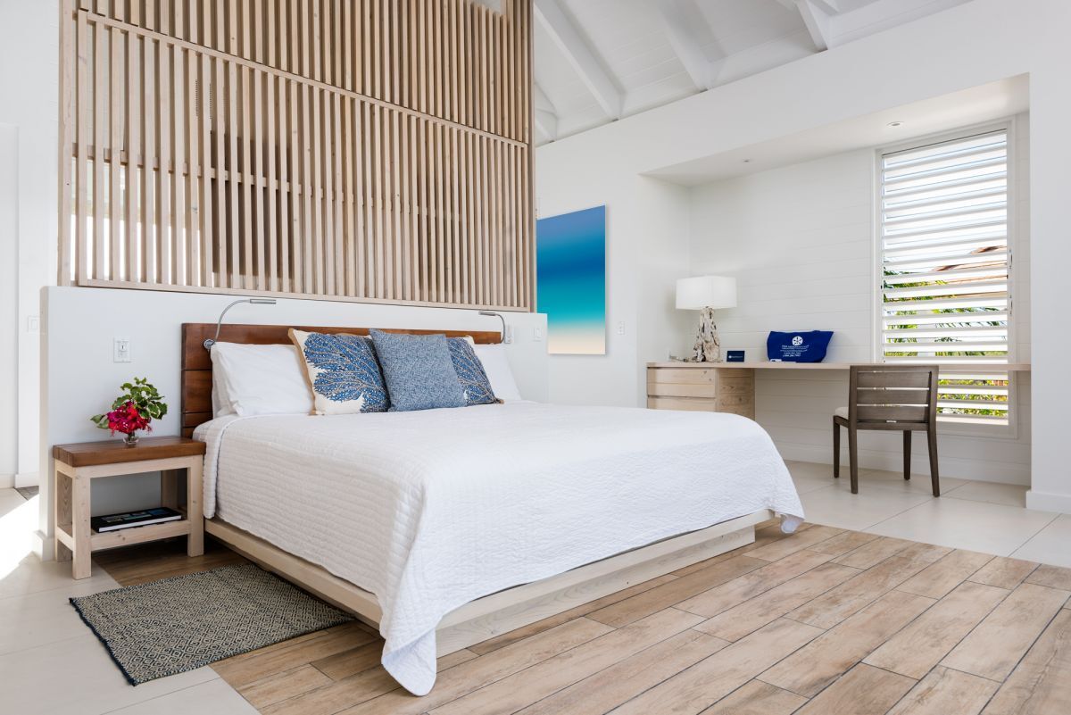 a bedroom with a bed and desk