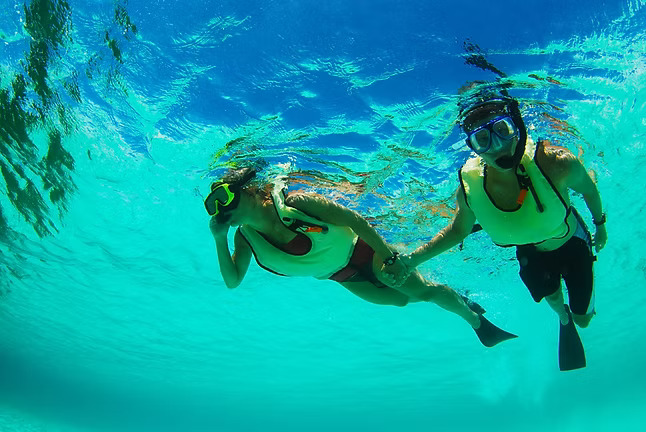 a couple of people swimming underwater