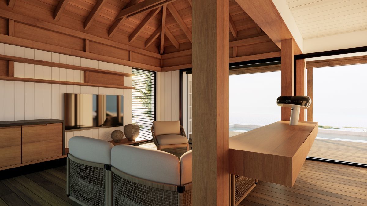a room with a wood ceiling and a wood floor