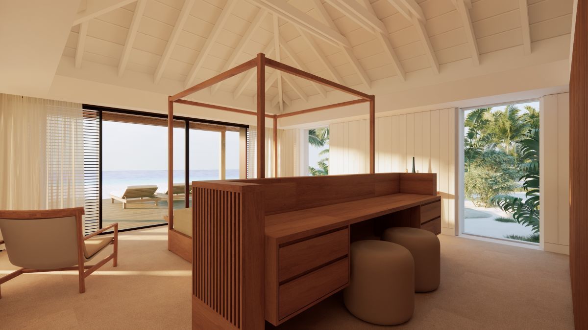 a room with a large wooden bed and a glass door