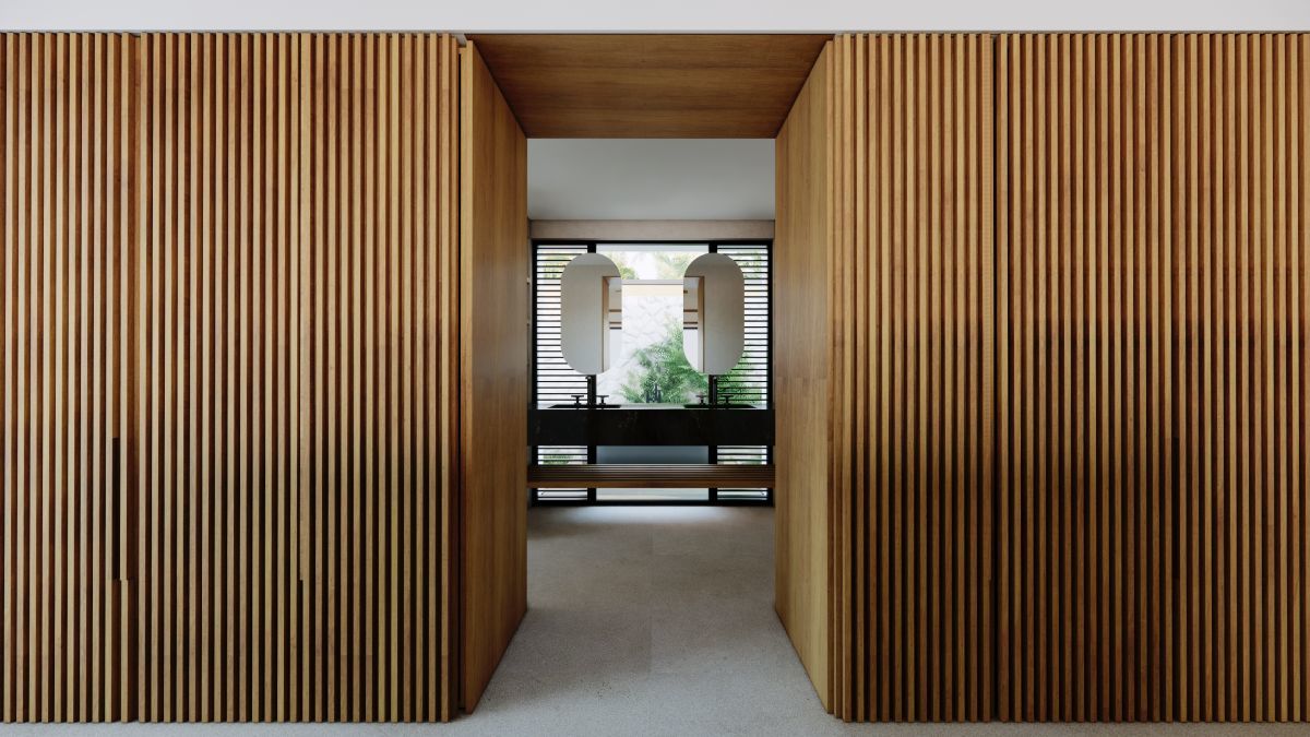 a room with wood walls and a mirror