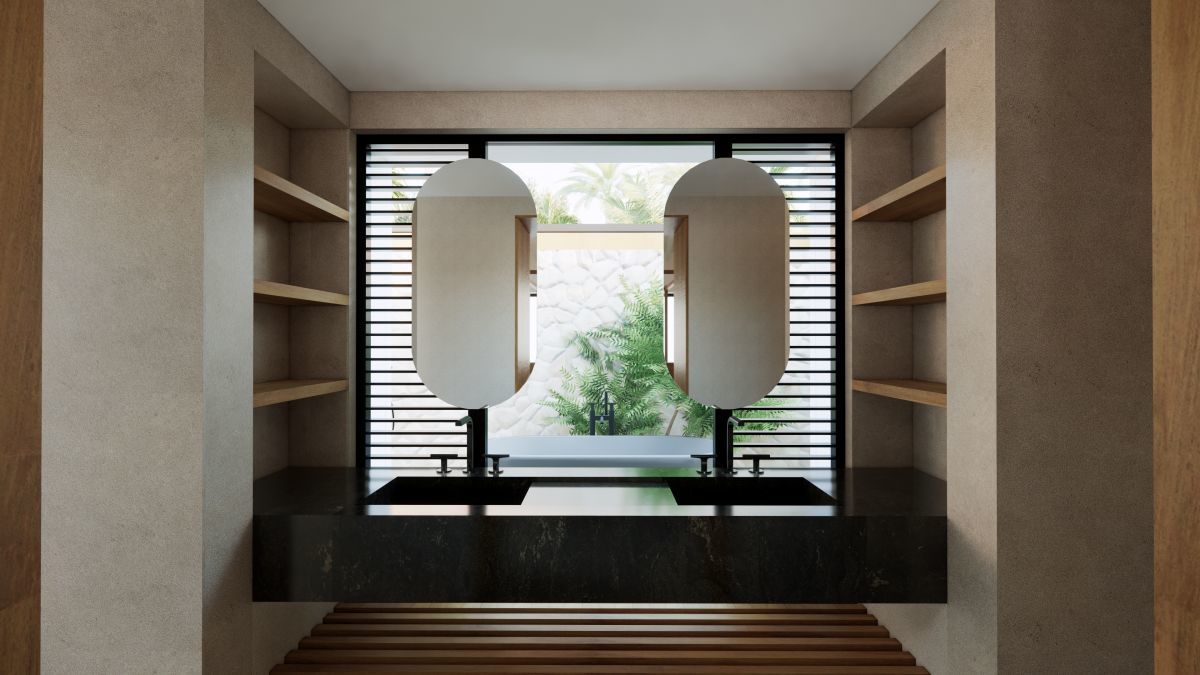 a bathroom with a black countertop and two mirrors
