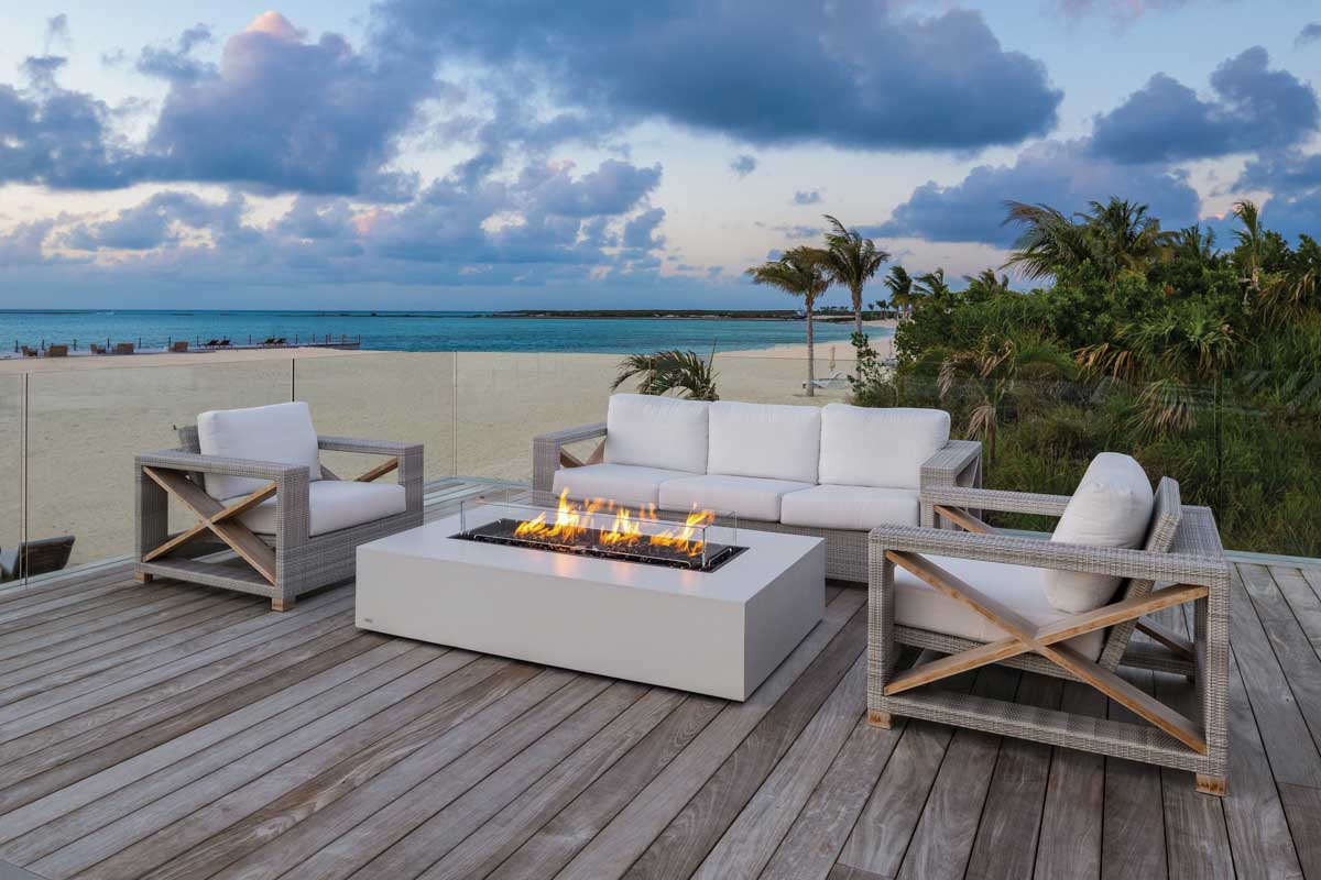 a fire pit on a deck