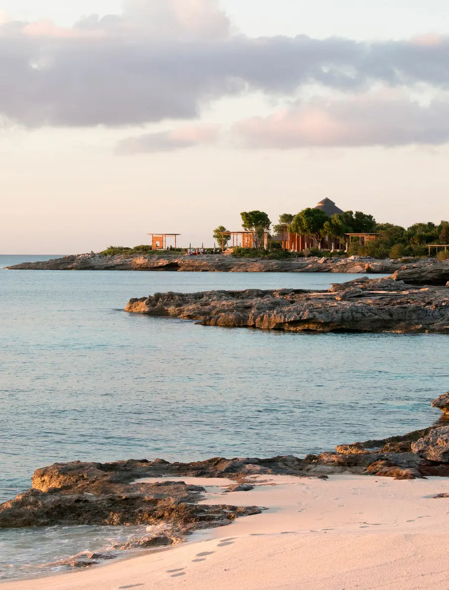 a rocky shore with a building and trees