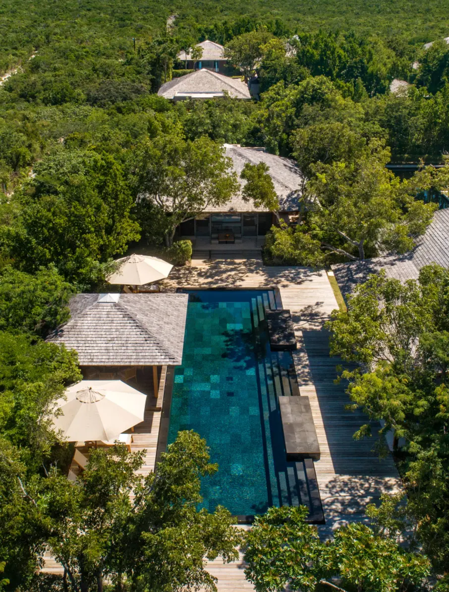 a swimming pool surrounded by trees