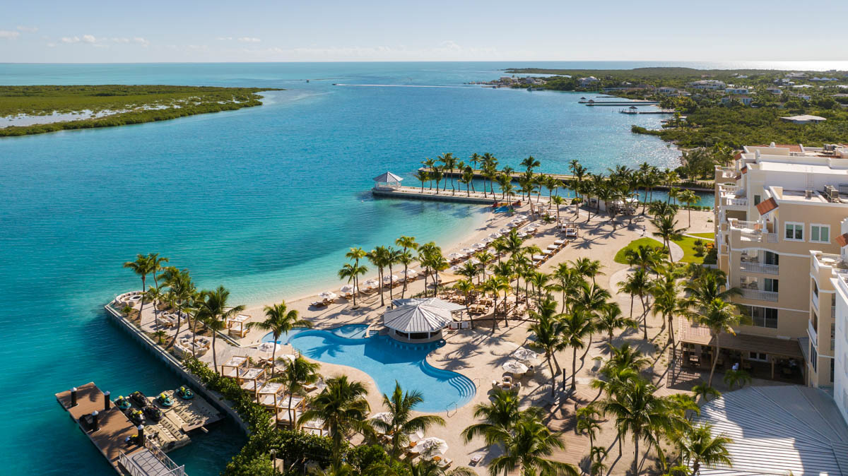 a beach with palm trees and a pool