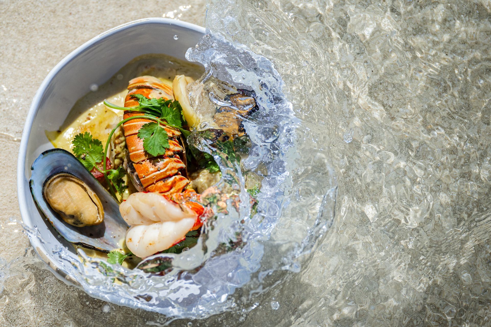 a bowl of seafood with water splashing