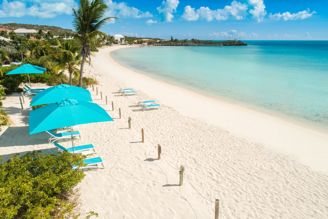 a beach with chairs and umbrellas