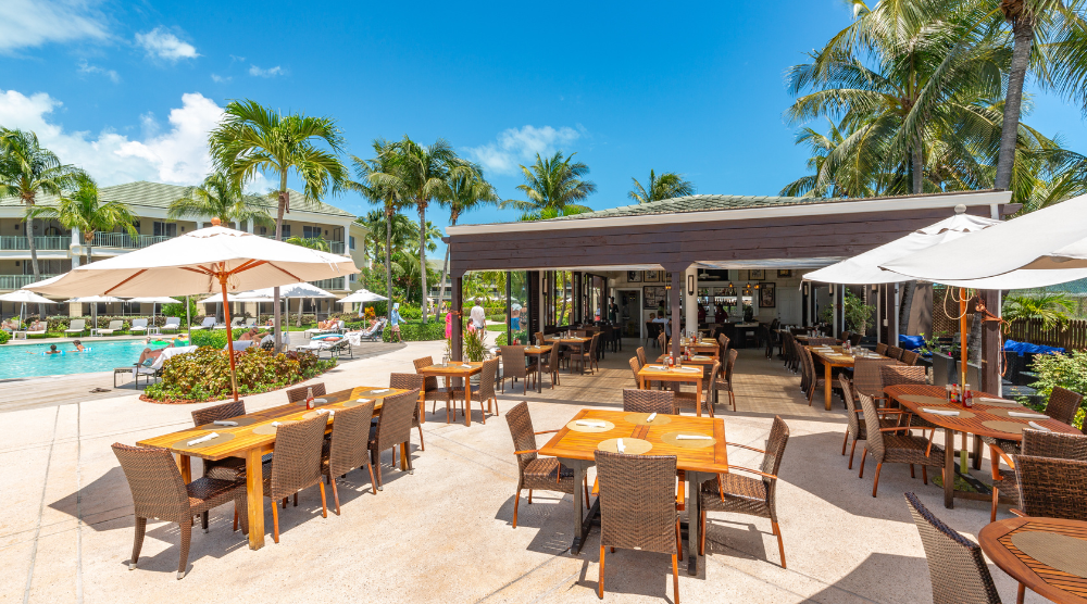 a patio with tables and chairs