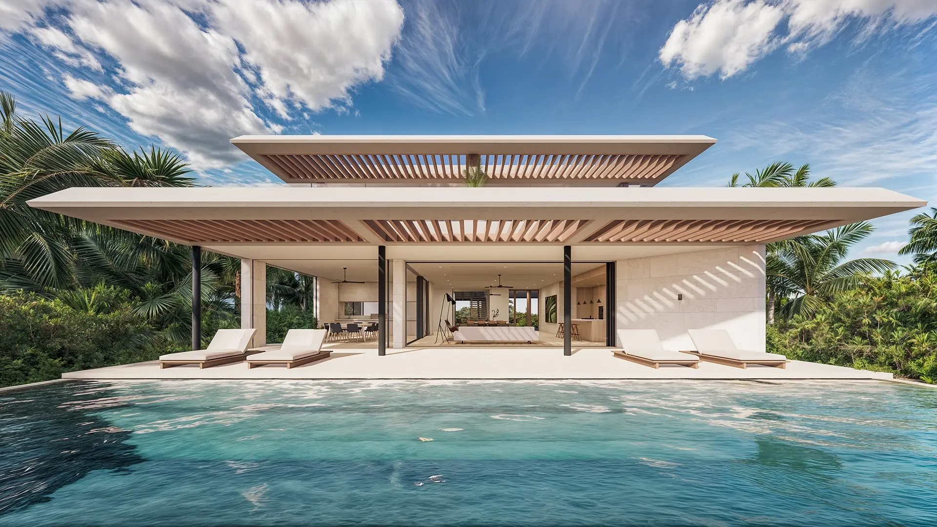 a pool with a house and a deck
