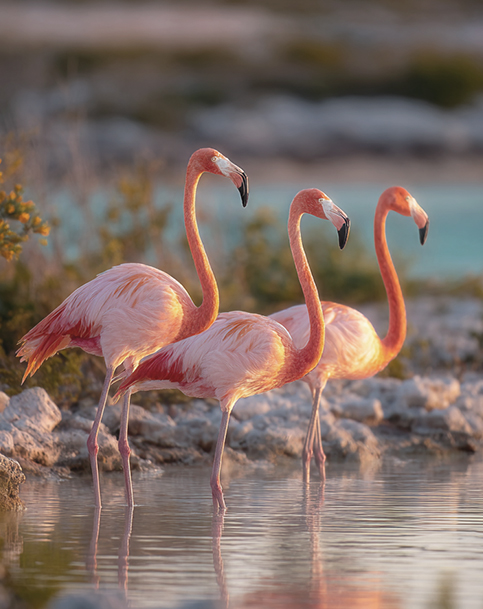a group of flamingos standing in water