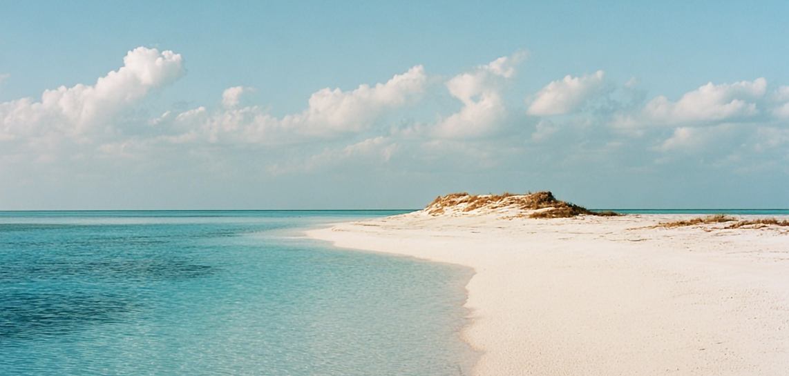 a sandy beach with blue water and clouds