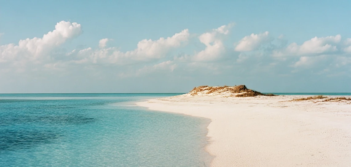 a sandy beach with blue water and clouds