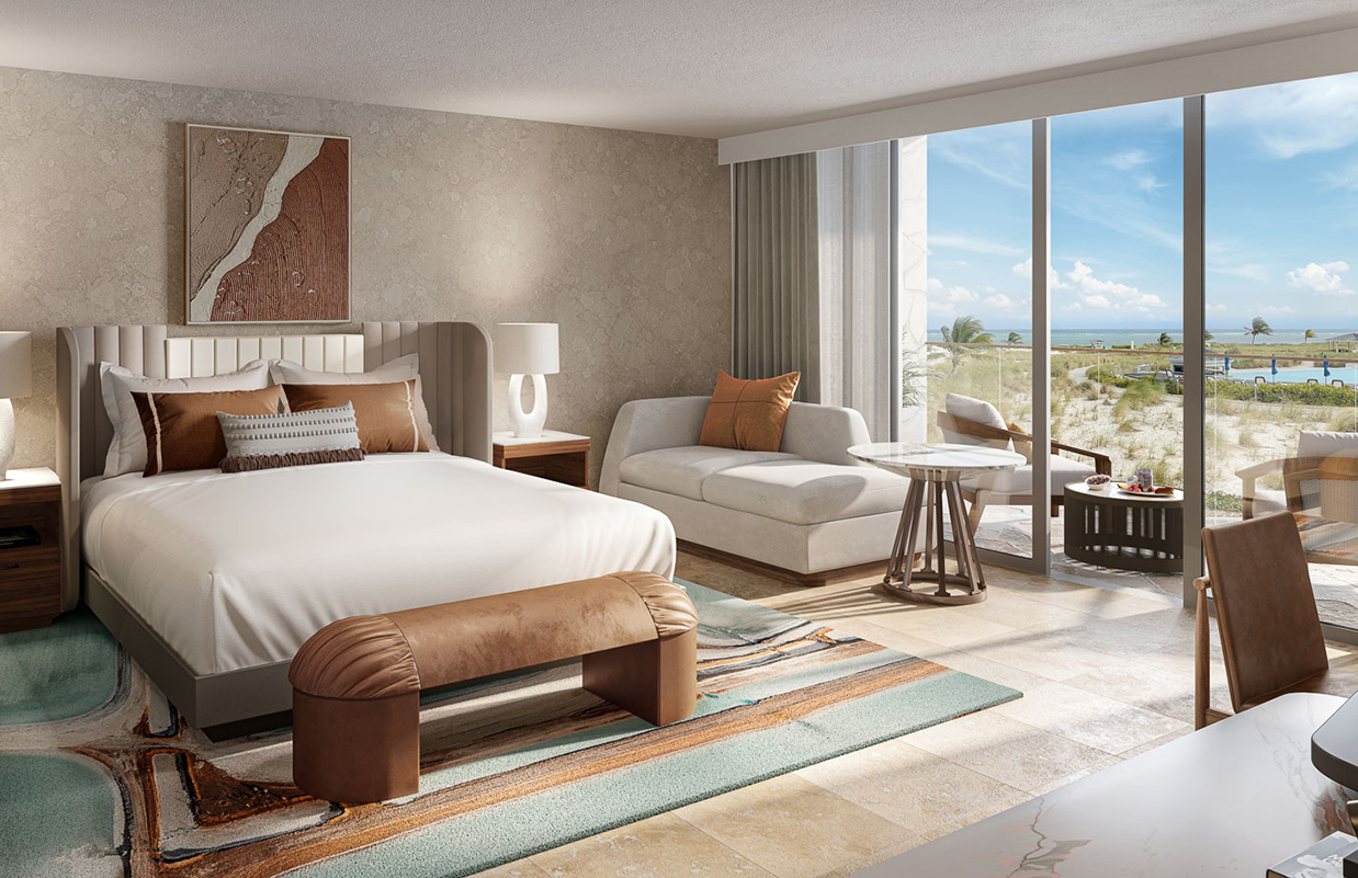 a bedroom with a bed and a couch