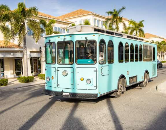 a blue bus on a street