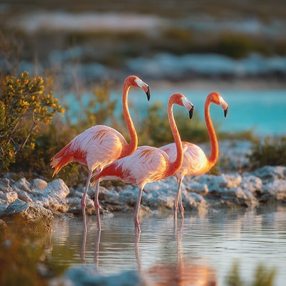 a group of flamingos standing in water