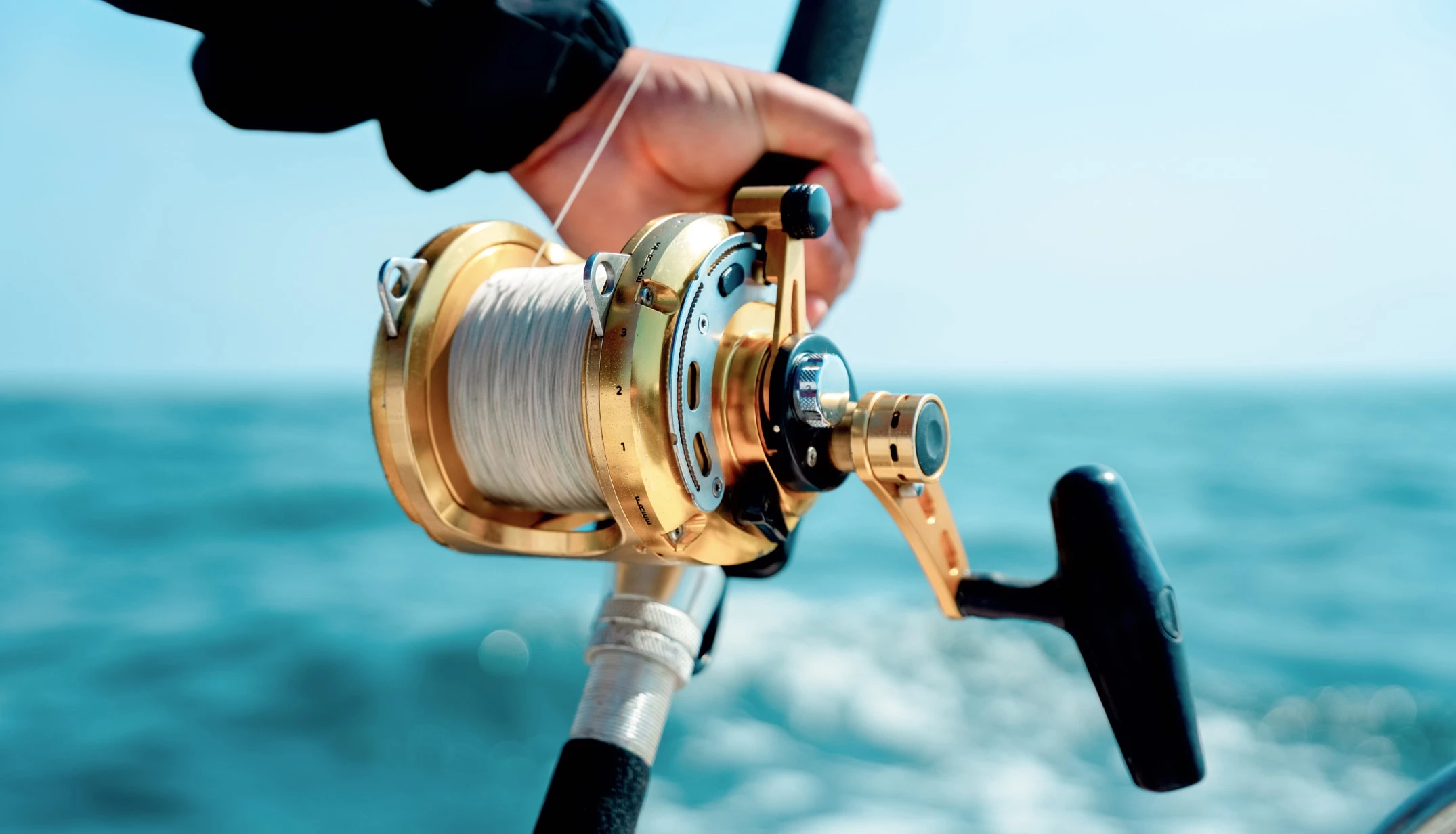 a hand holding a fishing reel