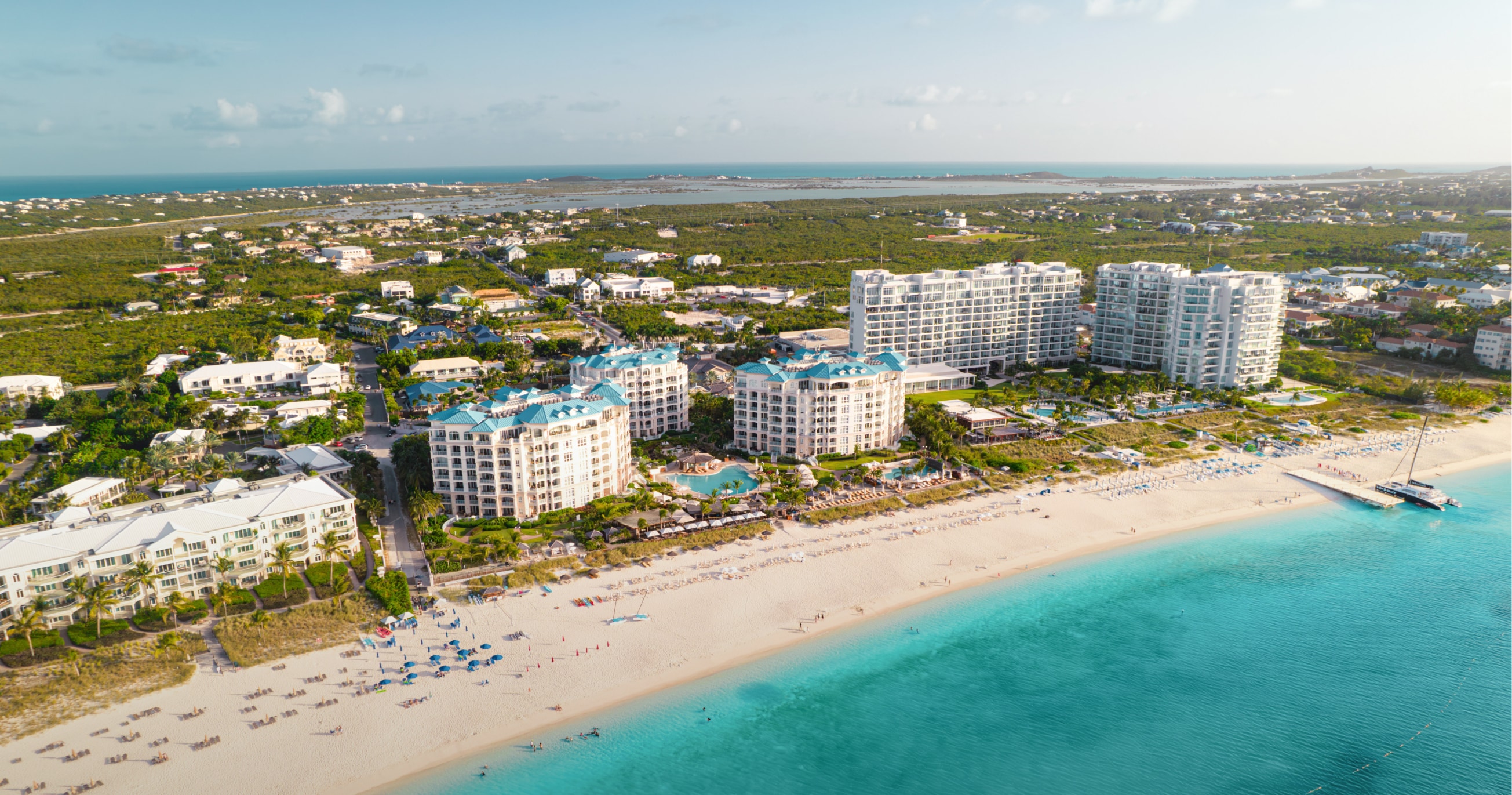 a beach with buildings and trees
