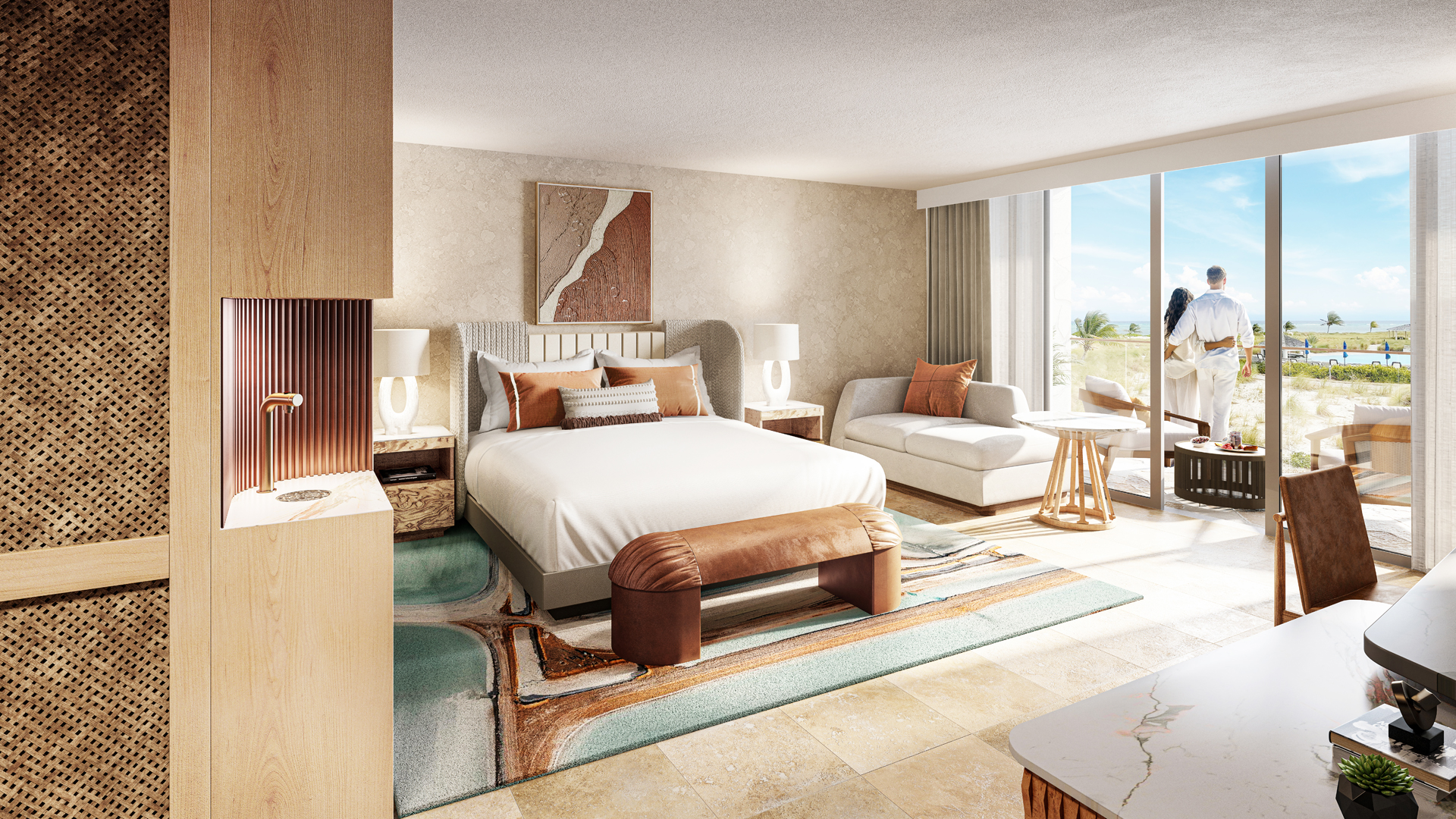 a bedroom with a bed and a couch