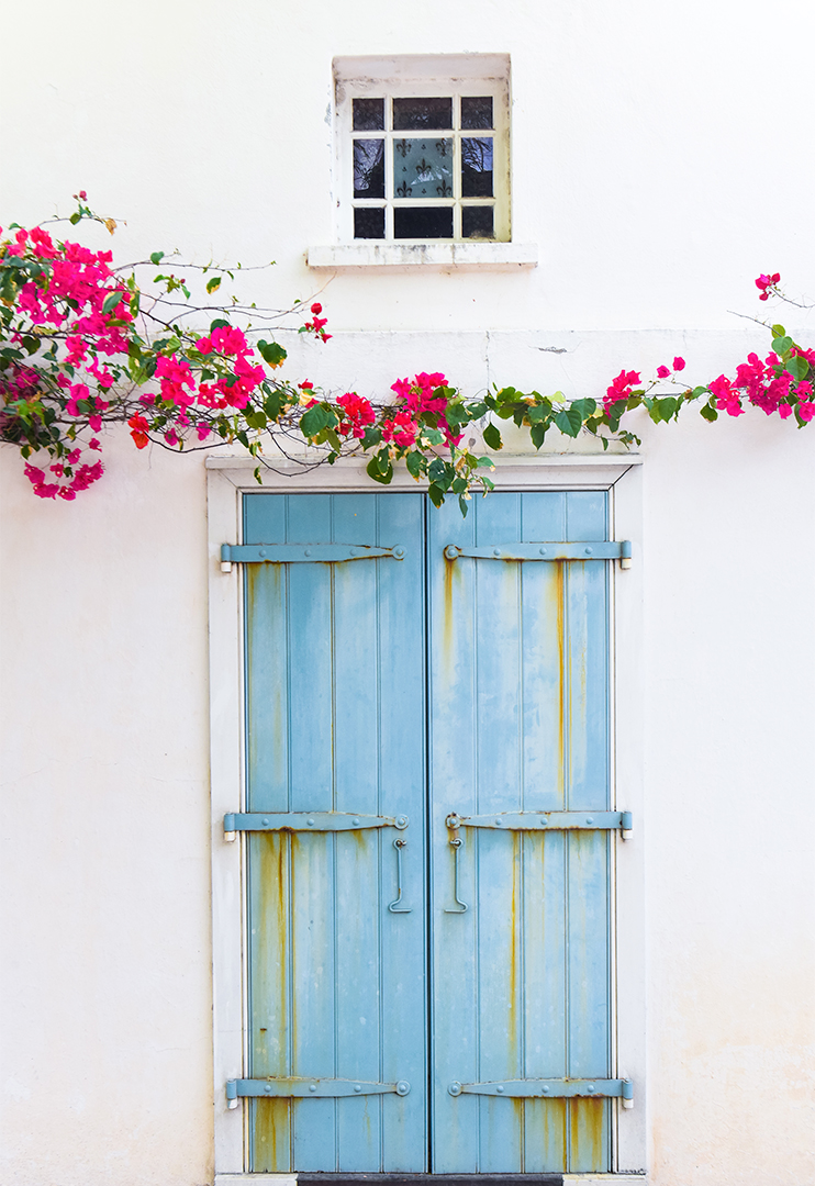 a blue door with pink flowers over it