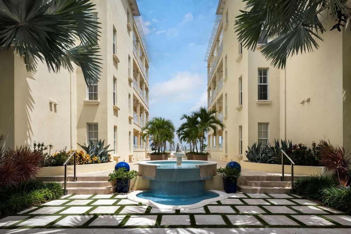 a courtyard with a fountain and palm trees