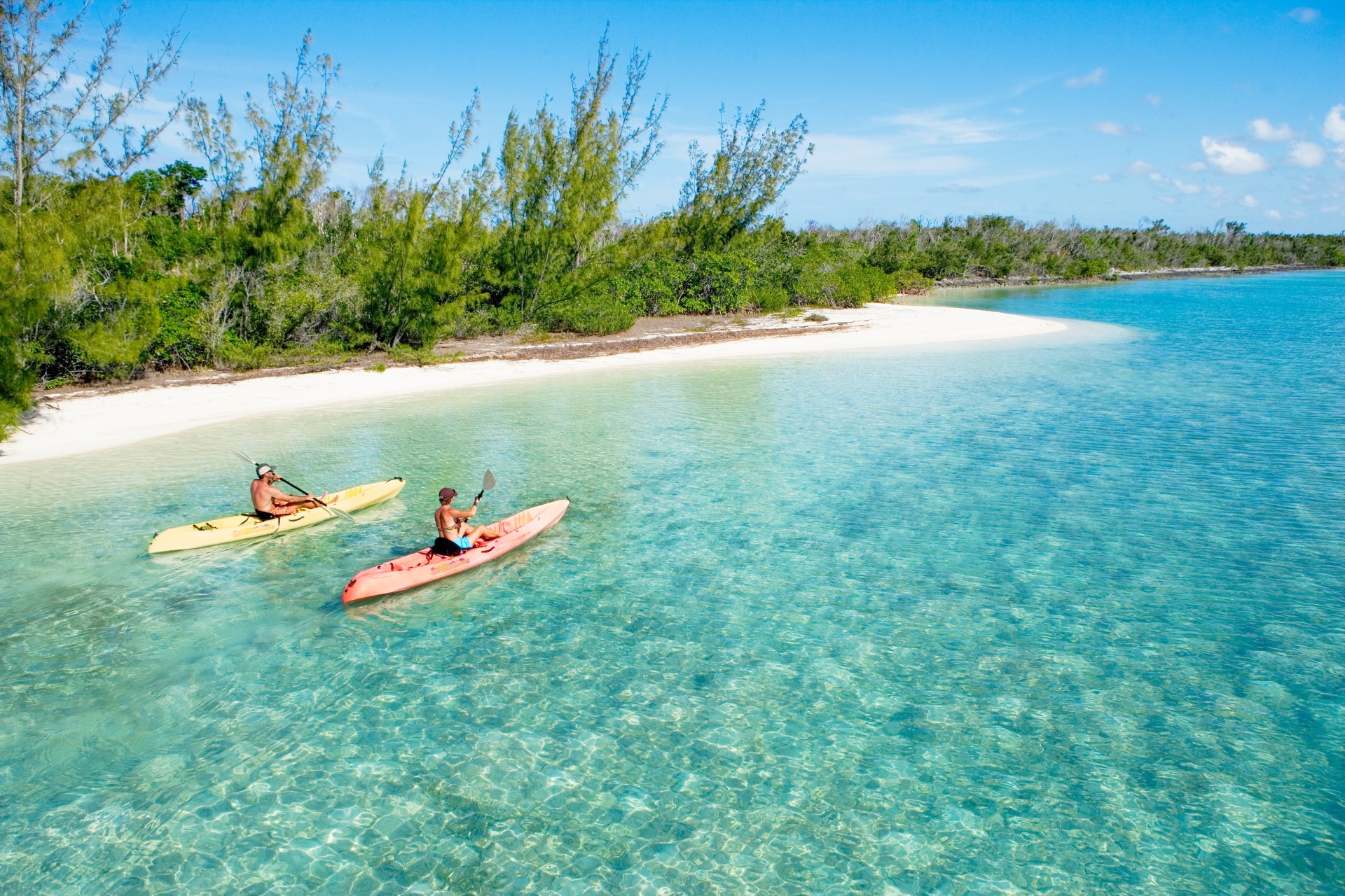 a couple of people kayaking on a clear blue water