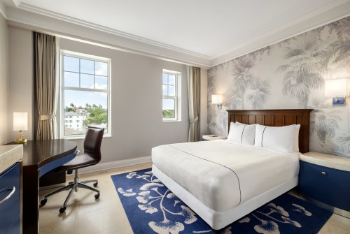 a room with a desk and a bed