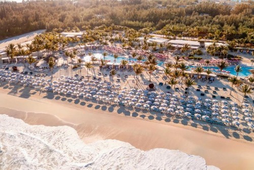 an aerial view of a beach with many umbrellas and palm trees