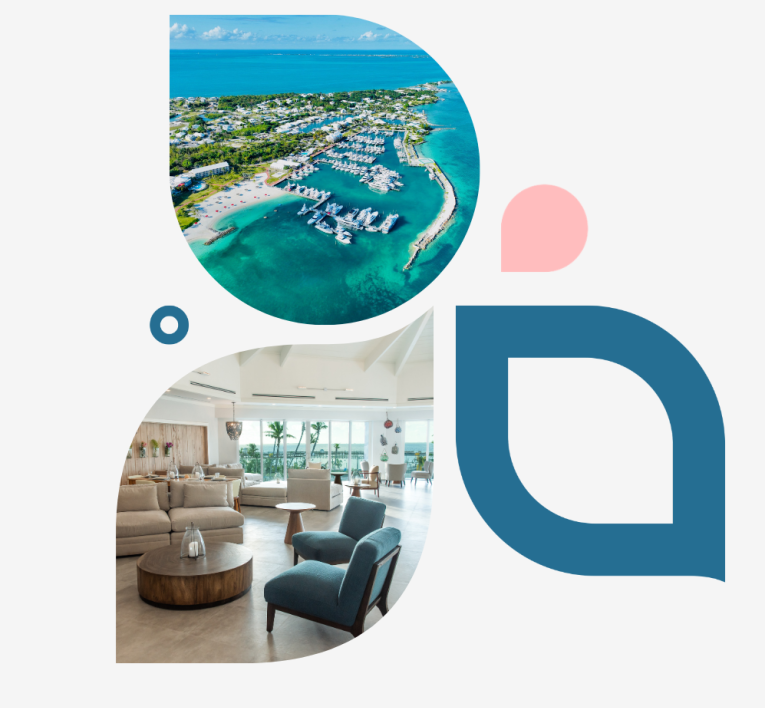 a collage of a room with a beach and water
