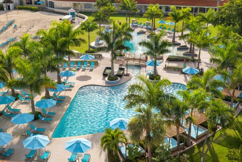 a swimming pool with palm trees and umbrellas