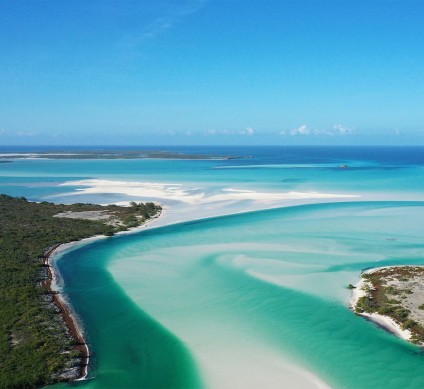 a blue water and land