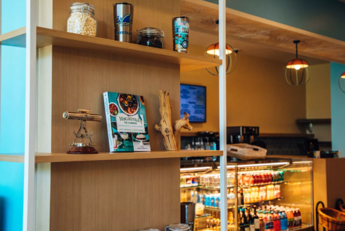 a shelf with objects on it